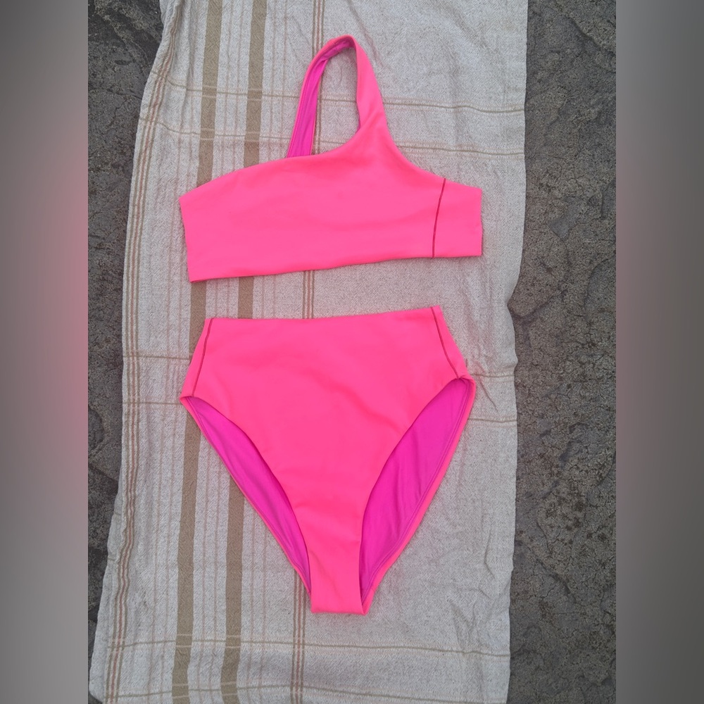 One-Shoulder High-Waist Bikini Set - Hot Pink